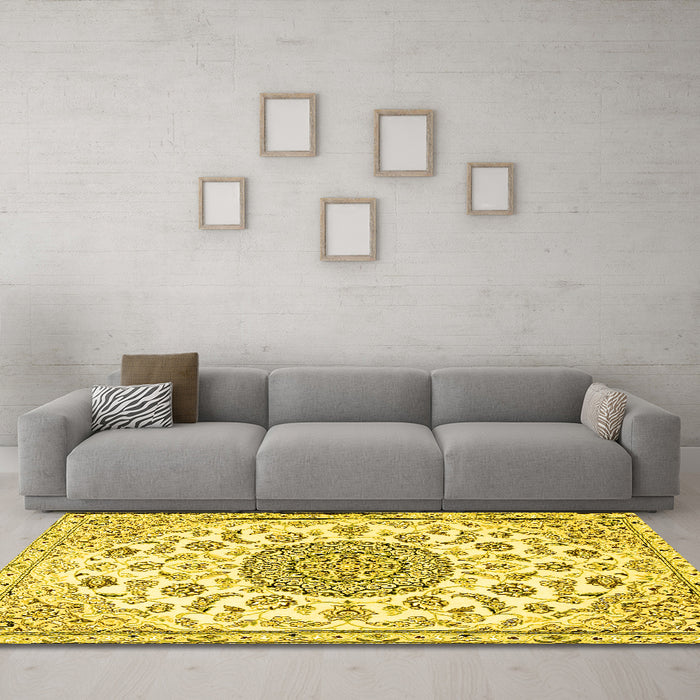 Machine Washable Medallion Yellow Traditional Rug in a Living Room, wshtr1455yw