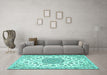 Machine Washable Medallion Turquoise Traditional Area Rugs in a Living Room,, wshtr1455turq