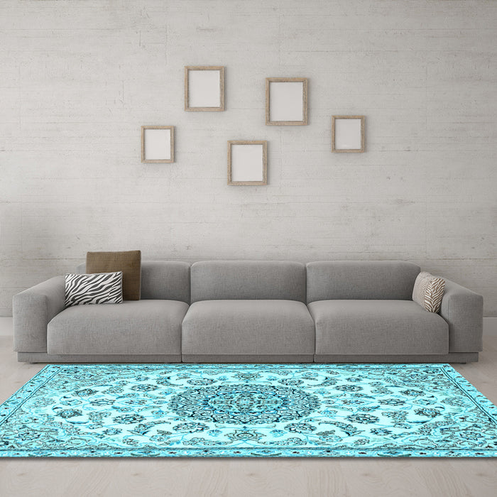 Machine Washable Medallion Light Blue Traditional Rug in a Living Room, wshtr1455lblu