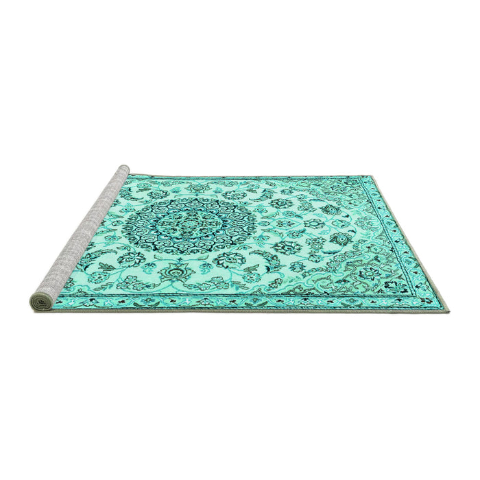 Sideview of Machine Washable Medallion Turquoise Traditional Area Rugs, wshtr1455turq