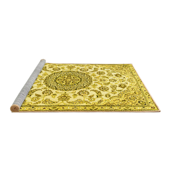 Sideview of Machine Washable Medallion Yellow Traditional Rug, wshtr1455yw