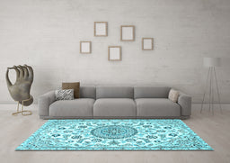 Machine Washable Medallion Light Blue Traditional Rug in a Living Room, wshtr1456lblu