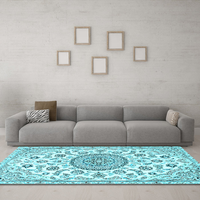 Machine Washable Medallion Light Blue Traditional Rug in a Living Room, wshtr1456lblu