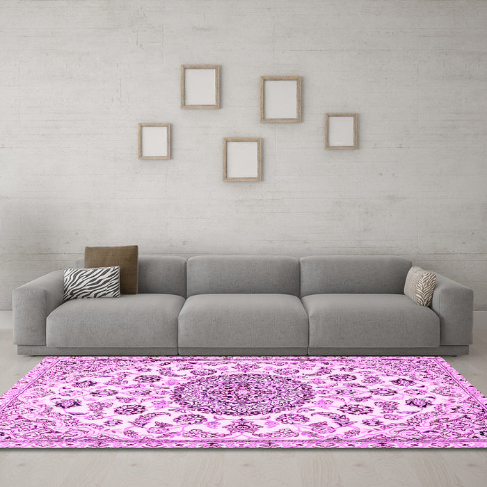 Machine Washable Medallion Pink Traditional Rug in a Living Room, wshtr1456pnk