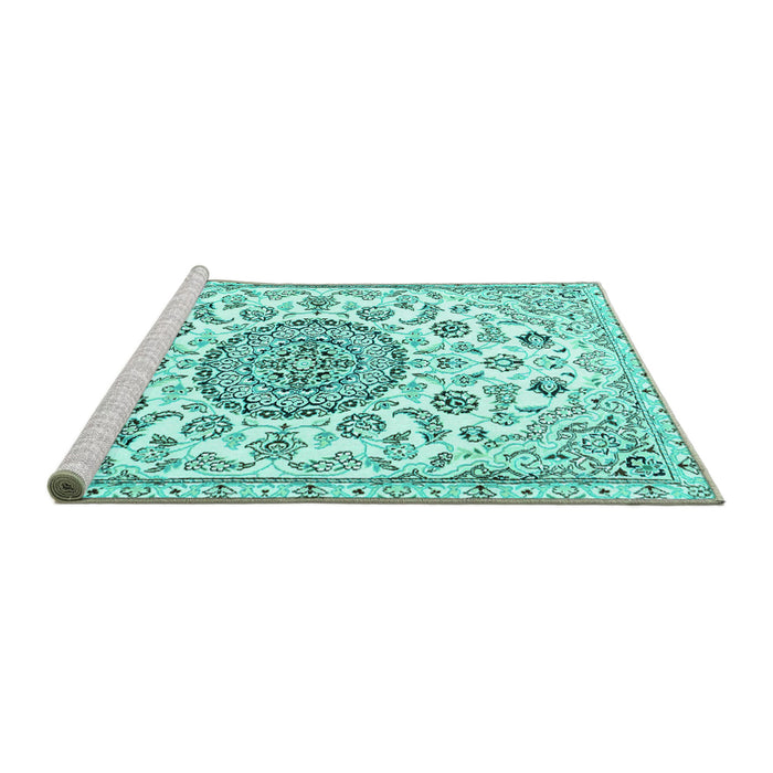 Sideview of Machine Washable Medallion Turquoise Traditional Area Rugs, wshtr1456turq