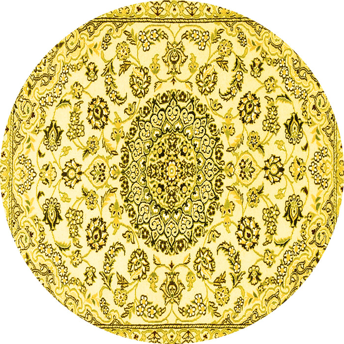 Round Machine Washable Medallion Yellow Traditional Rug, wshtr1456yw
