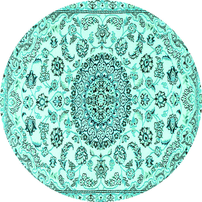 Round Machine Washable Medallion Turquoise Traditional Area Rugs, wshtr1456turq