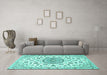 Machine Washable Medallion Turquoise Traditional Area Rugs in a Living Room,, wshtr1456turq