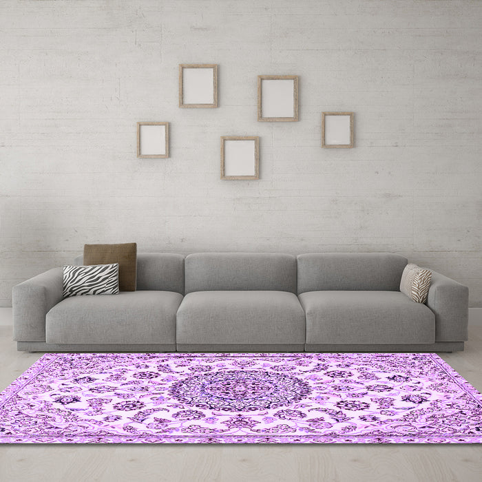 Machine Washable Medallion Purple Traditional Area Rugs in a Living Room, wshtr1456pur