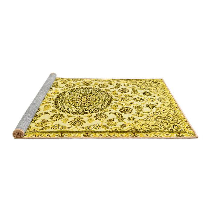 Sideview of Machine Washable Medallion Yellow Traditional Rug, wshtr1456yw