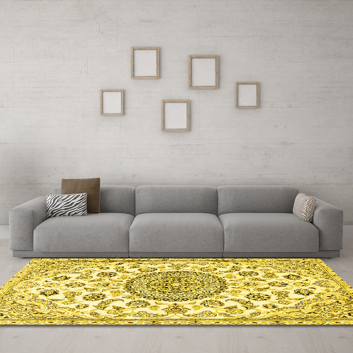 Machine Washable Medallion Yellow Traditional Rug in a Living Room, wshtr1456yw