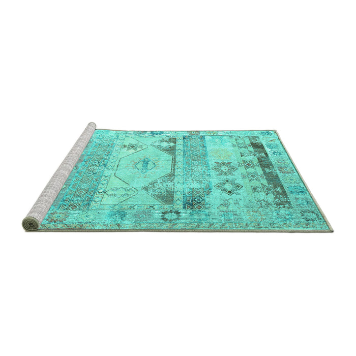 Sideview of Machine Washable Persian Turquoise Traditional Area Rugs, wshtr1457turq