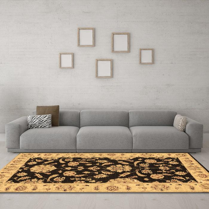 Machine Washable Persian Brown Traditional Rug in a Living Room,, wshtr1458brn