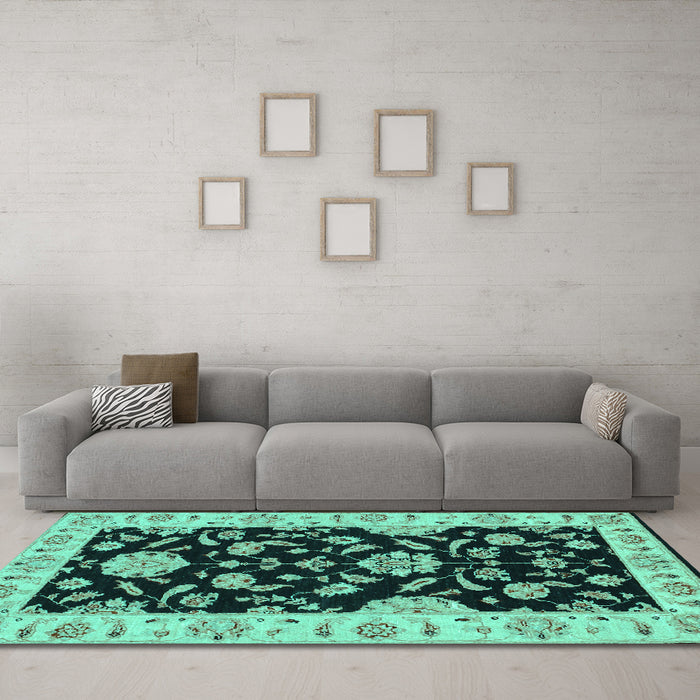 Machine Washable Persian Turquoise Traditional Area Rugs in a Living Room,, wshtr1458turq