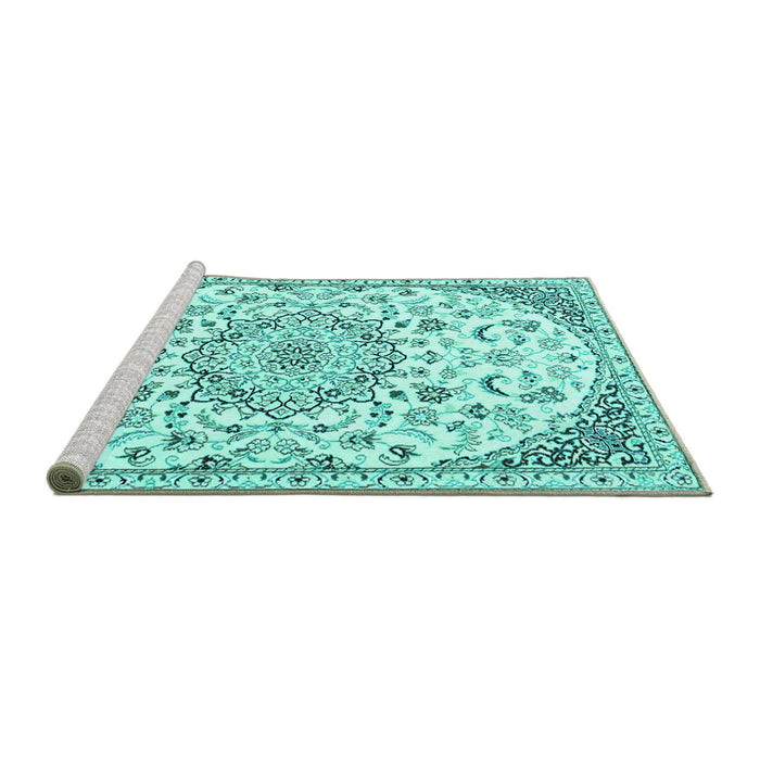 Sideview of Machine Washable Persian Turquoise Traditional Area Rugs, wshtr1459turq