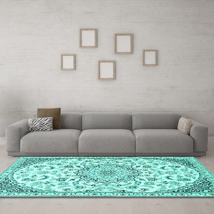 Machine Washable Persian Turquoise Traditional Area Rugs in a Living Room,, wshtr1459turq