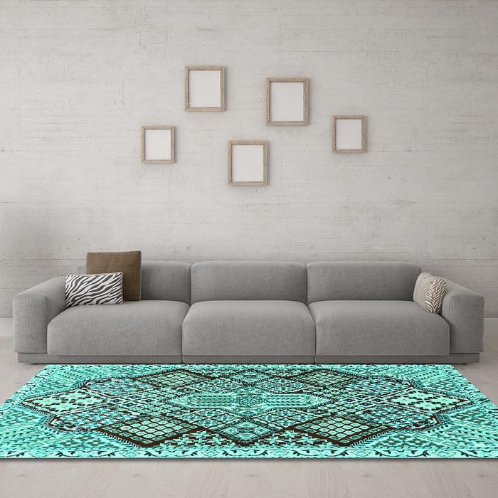 Machine Washable Persian Turquoise Traditional Area Rugs in a Living Room,, wshtr1460turq