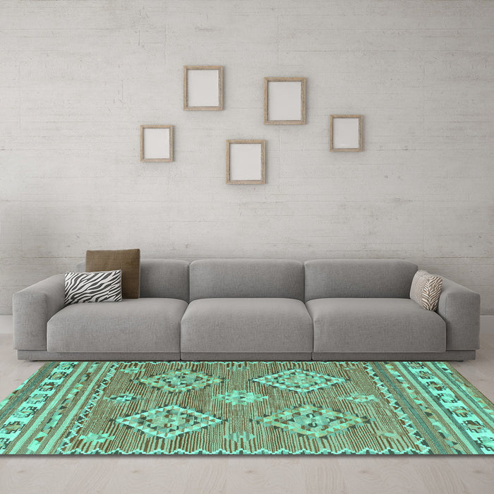 Machine Washable Persian Turquoise Traditional Area Rugs in a Living Room,, wshtr1461turq