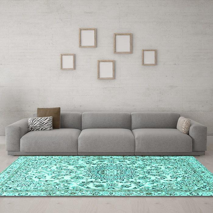 Machine Washable Persian Turquoise Traditional Area Rugs in a Living Room,, wshtr1462turq