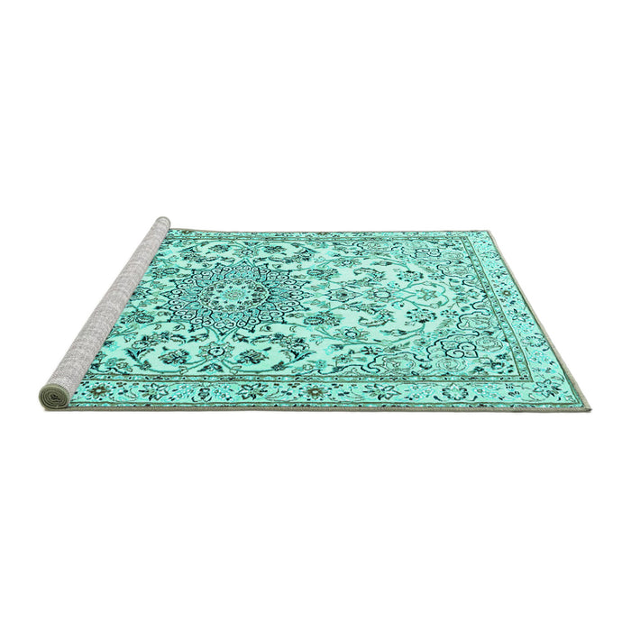 Sideview of Machine Washable Persian Turquoise Traditional Area Rugs, wshtr1462turq