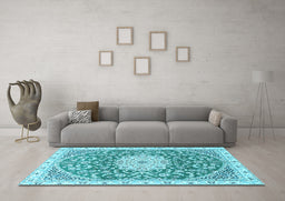 Machine Washable Medallion Light Blue Traditional Rug in a Living Room, wshtr1463lblu