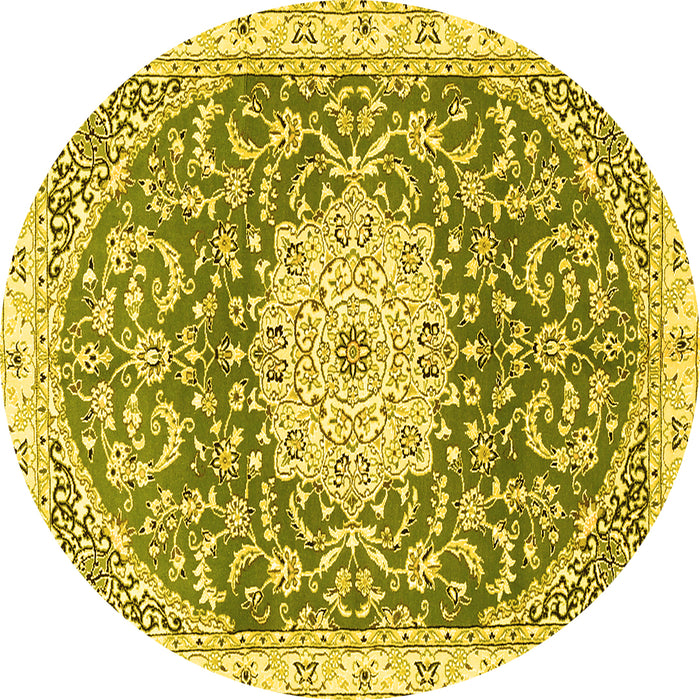 Round Machine Washable Medallion Yellow Traditional Rug, wshtr1463yw