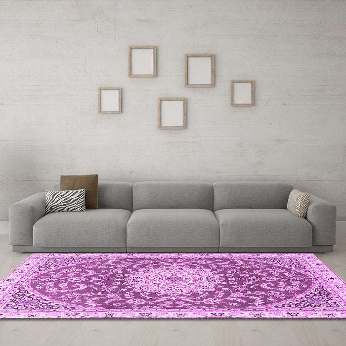 Machine Washable Medallion Pink Traditional Rug in a Living Room, wshtr1463pnk