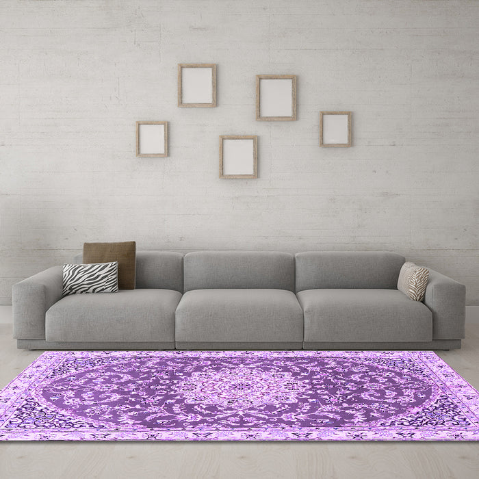 Machine Washable Medallion Purple Traditional Area Rugs in a Living Room, wshtr1463pur