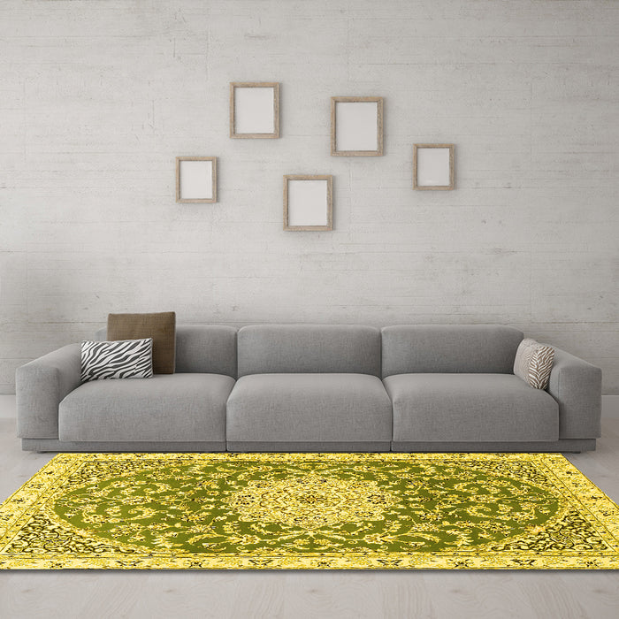 Machine Washable Medallion Yellow Traditional Rug in a Living Room, wshtr1463yw
