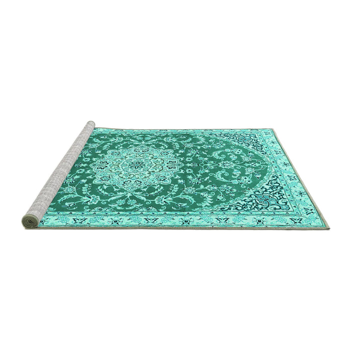 Sideview of Machine Washable Medallion Turquoise Traditional Area Rugs, wshtr1463turq