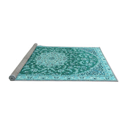Sideview of Machine Washable Medallion Light Blue Traditional Rug, wshtr1463lblu