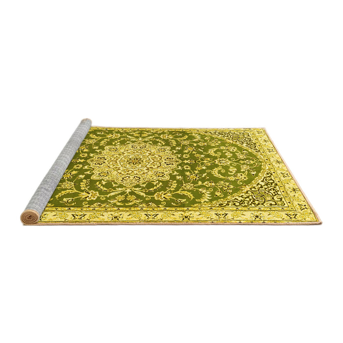 Sideview of Machine Washable Medallion Yellow Traditional Rug, wshtr1463yw