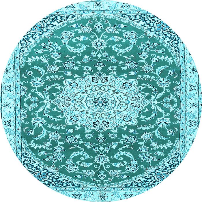 Round Machine Washable Medallion Light Blue Traditional Rug, wshtr1463lblu