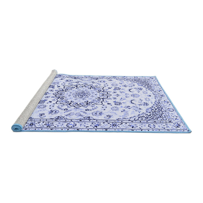 Sideview of Machine Washable Medallion Blue Traditional Rug, wshtr1464blu