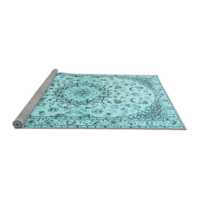 Sideview of Machine Washable Medallion Light Blue Traditional Rug, wshtr1464lblu