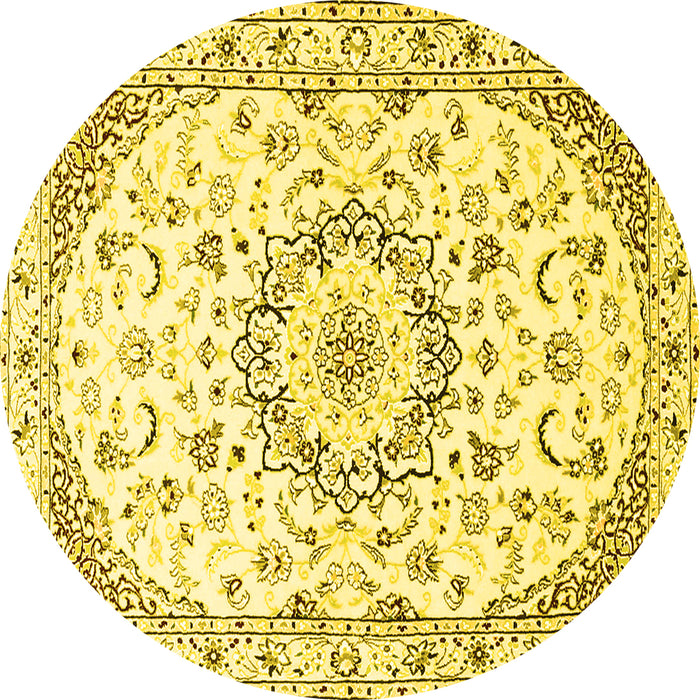 Round Machine Washable Medallion Yellow Traditional Rug, wshtr1464yw