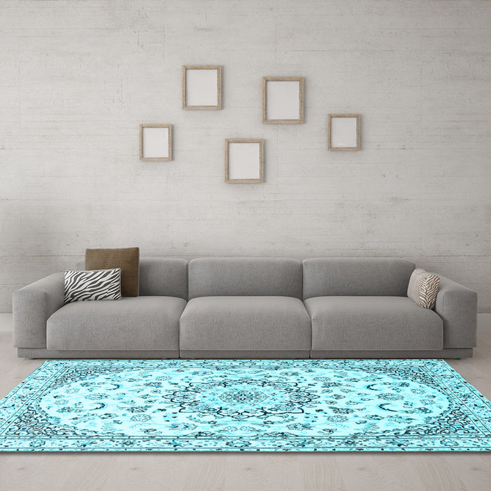 Machine Washable Medallion Light Blue Traditional Rug in a Living Room, wshtr1464lblu