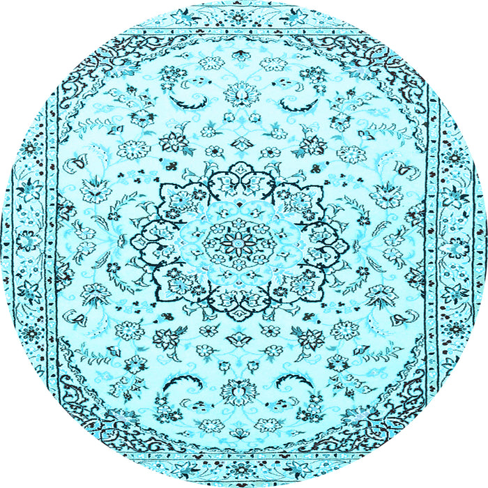 Round Machine Washable Medallion Light Blue Traditional Rug, wshtr1464lblu