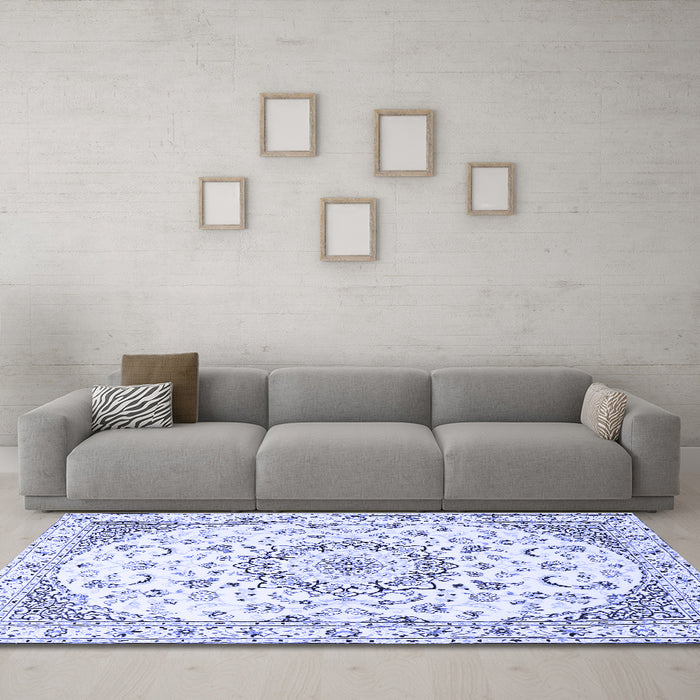 Machine Washable Medallion Blue Traditional Rug in a Living Room, wshtr1464blu