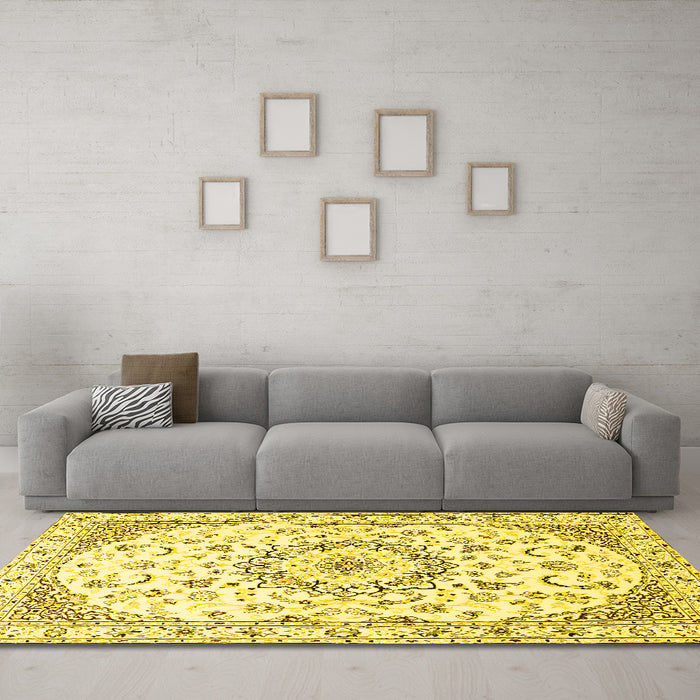 Machine Washable Medallion Yellow Traditional Rug in a Living Room, wshtr1464yw