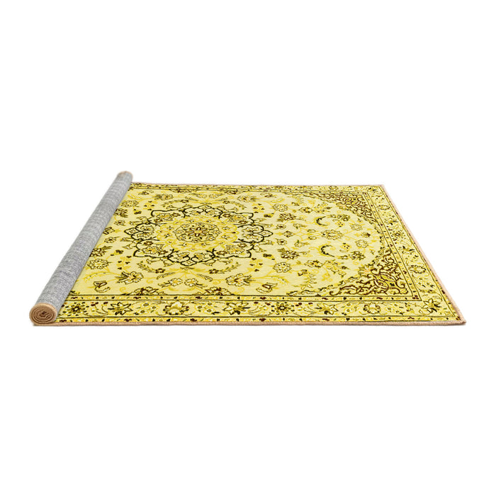 Sideview of Machine Washable Medallion Yellow Traditional Rug, wshtr1464yw