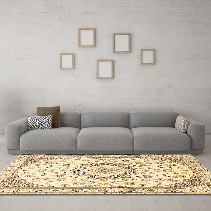 Machine Washable Medallion Brown Traditional Rug in a Living Room,, wshtr1464brn