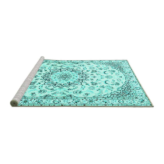 Sideview of Machine Washable Medallion Turquoise Traditional Area Rugs, wshtr1464turq
