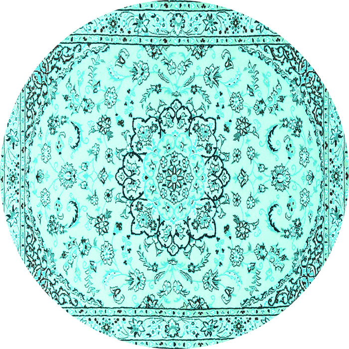 Round Machine Washable Medallion Turquoise Traditional Area Rugs, wshtr1464turq