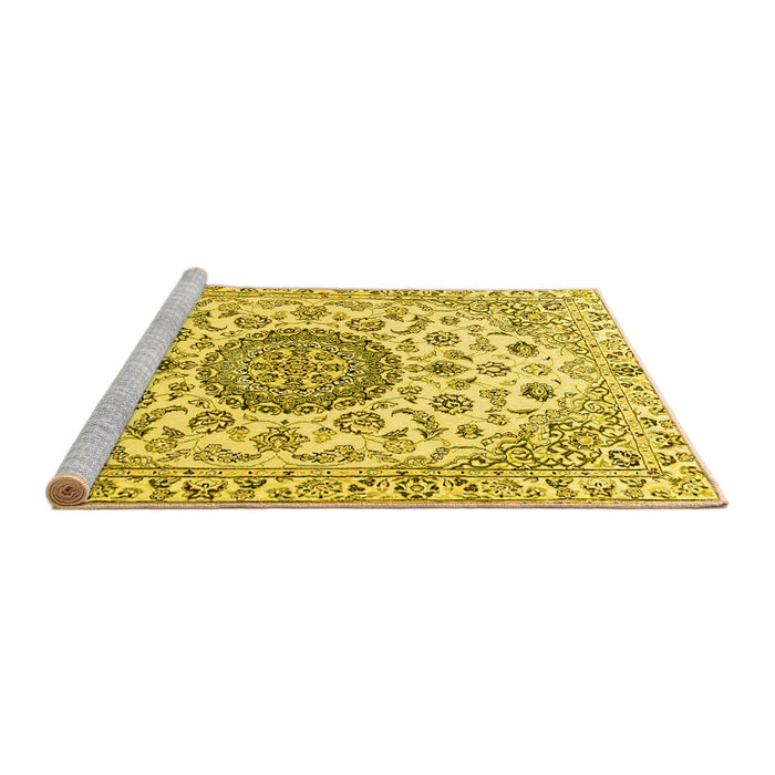 Sideview of Machine Washable Medallion Yellow Traditional Rug, wshtr1465yw