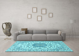 Machine Washable Medallion Light Blue Traditional Rug in a Living Room, wshtr1465lblu