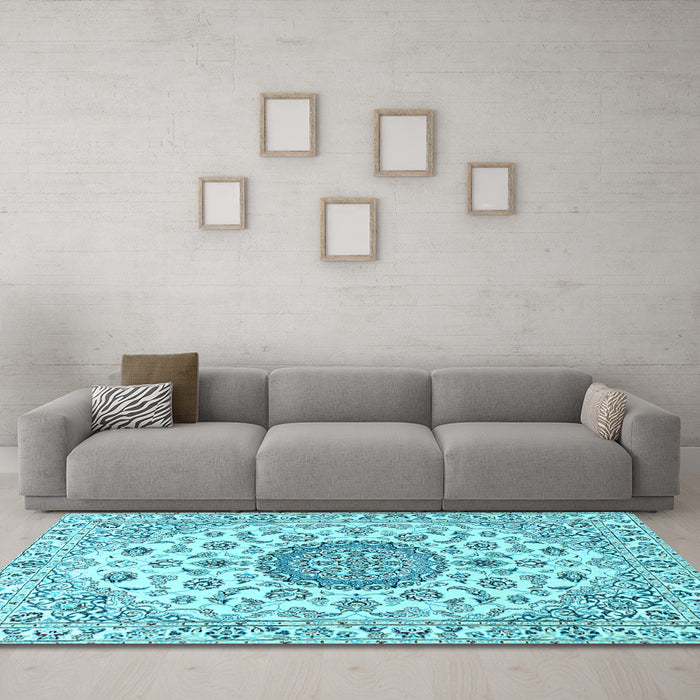 Machine Washable Medallion Light Blue Traditional Rug in a Living Room, wshtr1465lblu