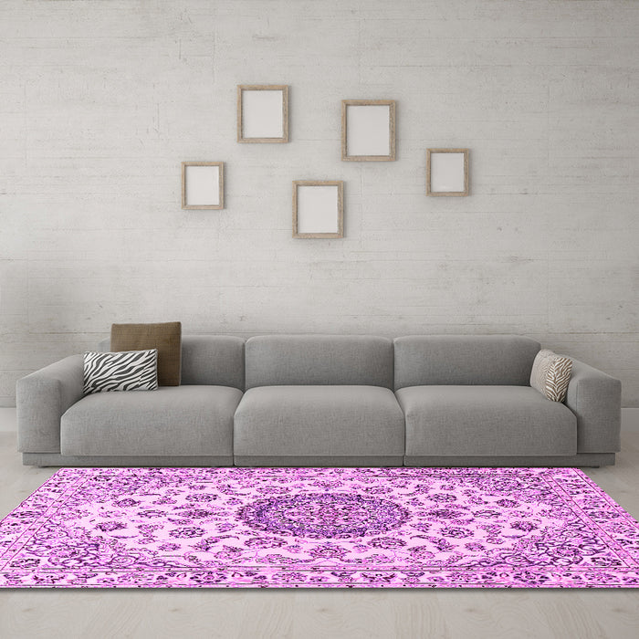 Machine Washable Medallion Pink Traditional Rug in a Living Room, wshtr1465pnk