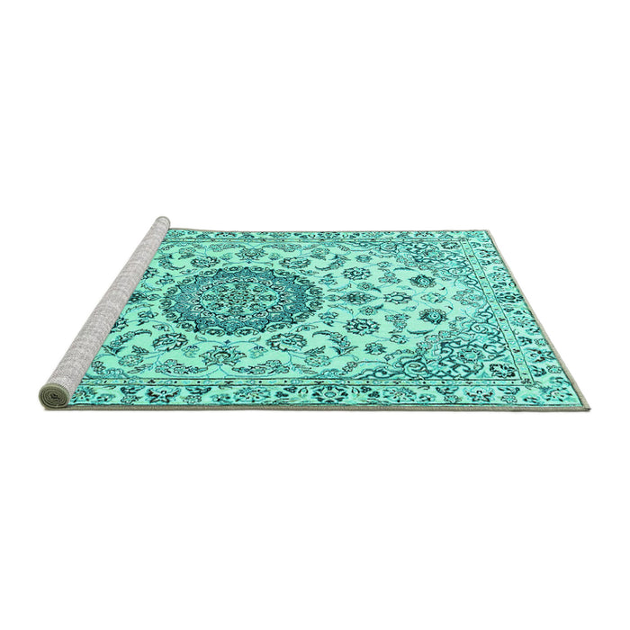 Sideview of Machine Washable Medallion Turquoise Traditional Area Rugs, wshtr1465turq