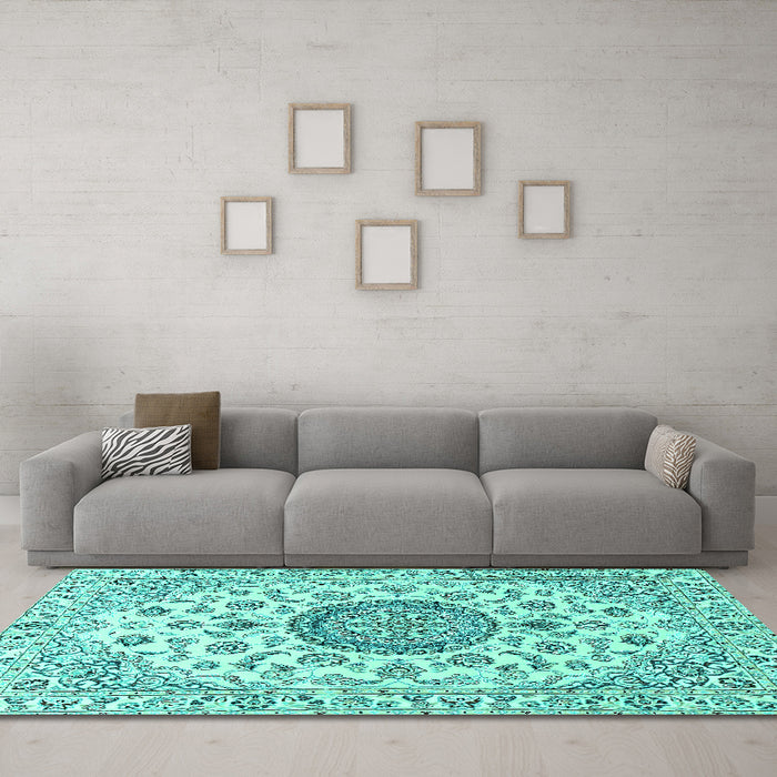 Machine Washable Medallion Turquoise Traditional Area Rugs in a Living Room,, wshtr1465turq